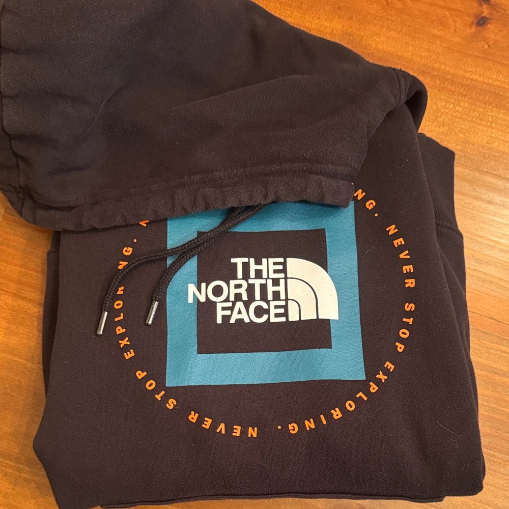 The North Face Black Hoodie with Teal and Orange Accents
